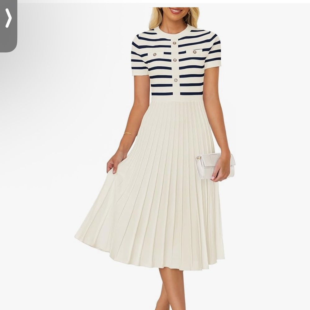Striped Navy and White Pleated Dress